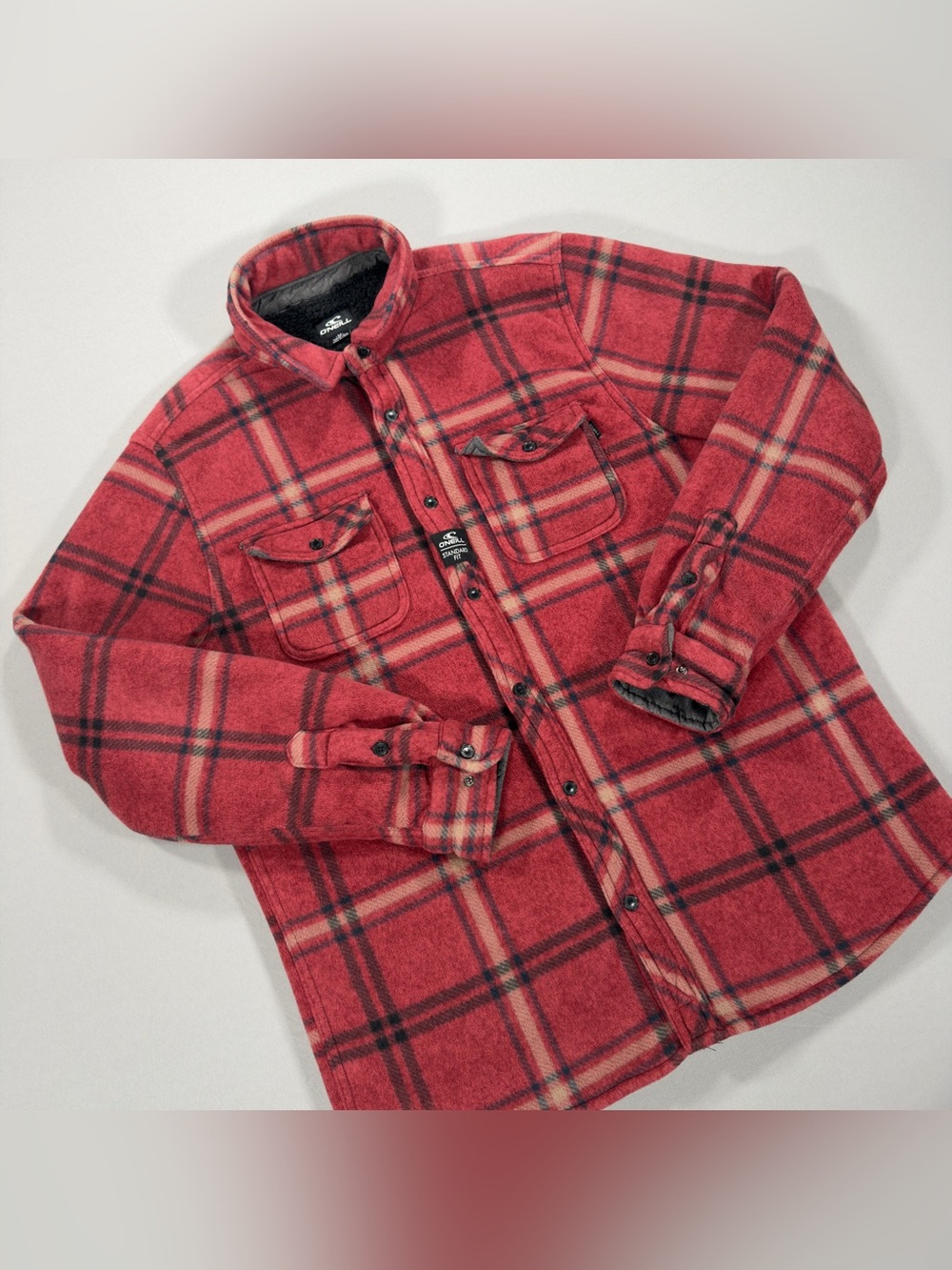 O'Neill Superfleece Men's M Sherpa Lined Plaid Fleece Shirt Jacket Red Flannel - Picture 2 of 12